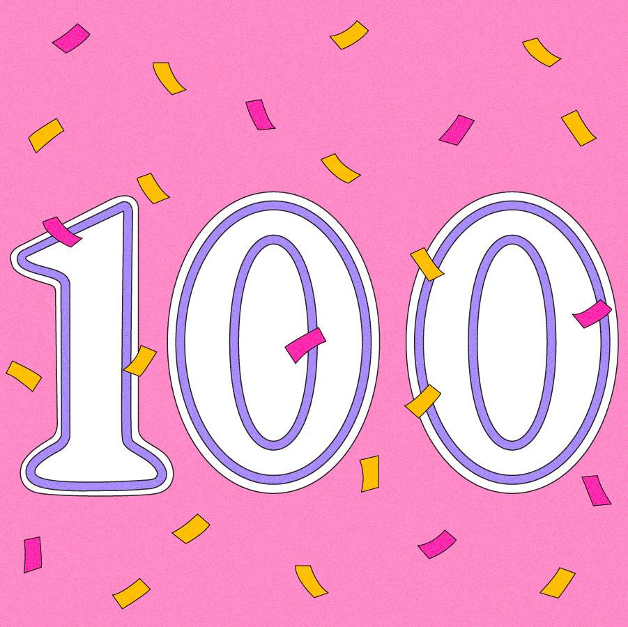 Illustration of the number 100 with confetti falling around it