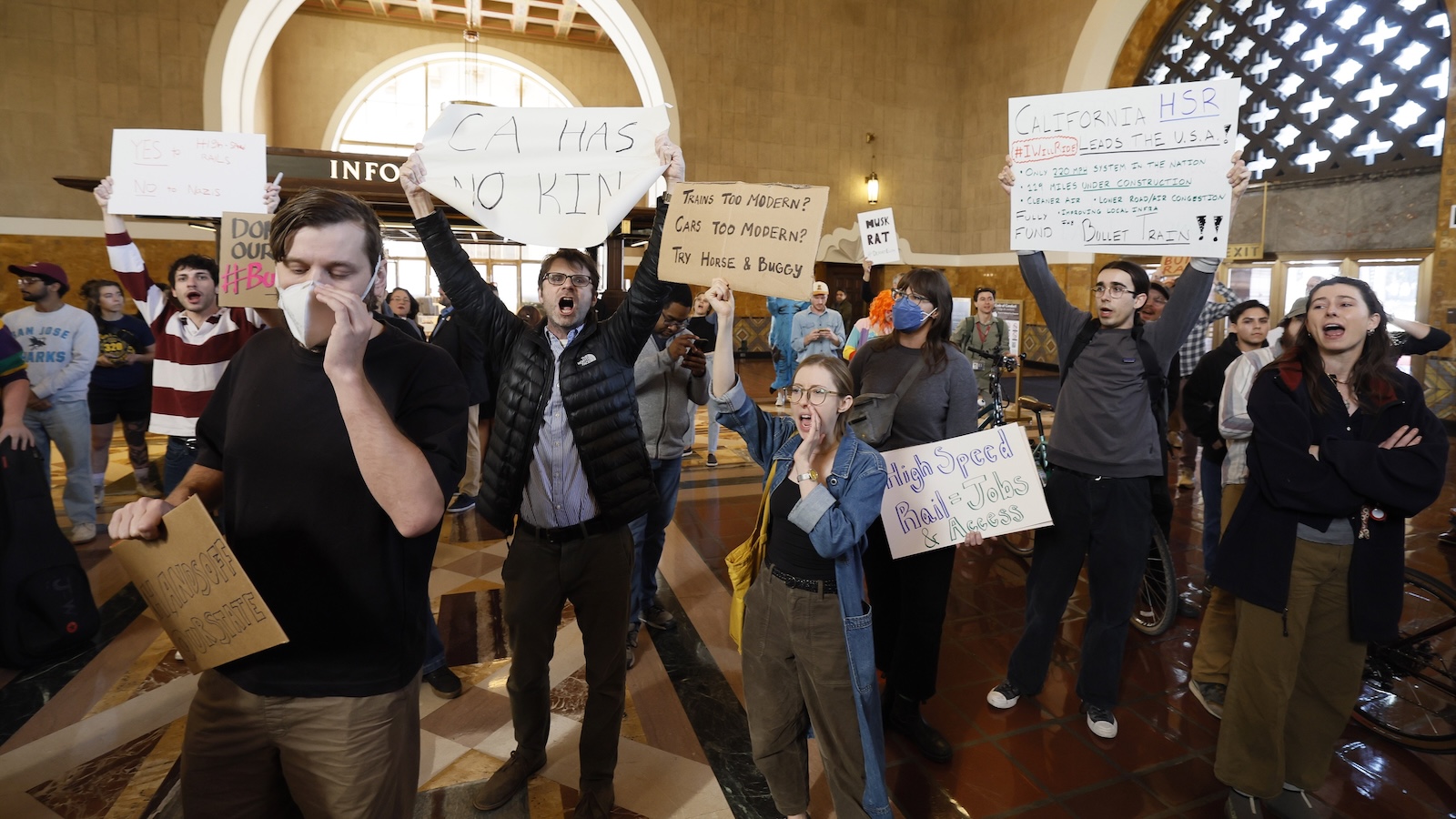 Protestors voiced their opposition to Transportation Secretary Sean P. Duffy, who has called California's high-speed rail efforts a "boondoggle" and "failed experiment." The agency has rescinded federal funding for the project, which continues to enjoy broad support among Californians.