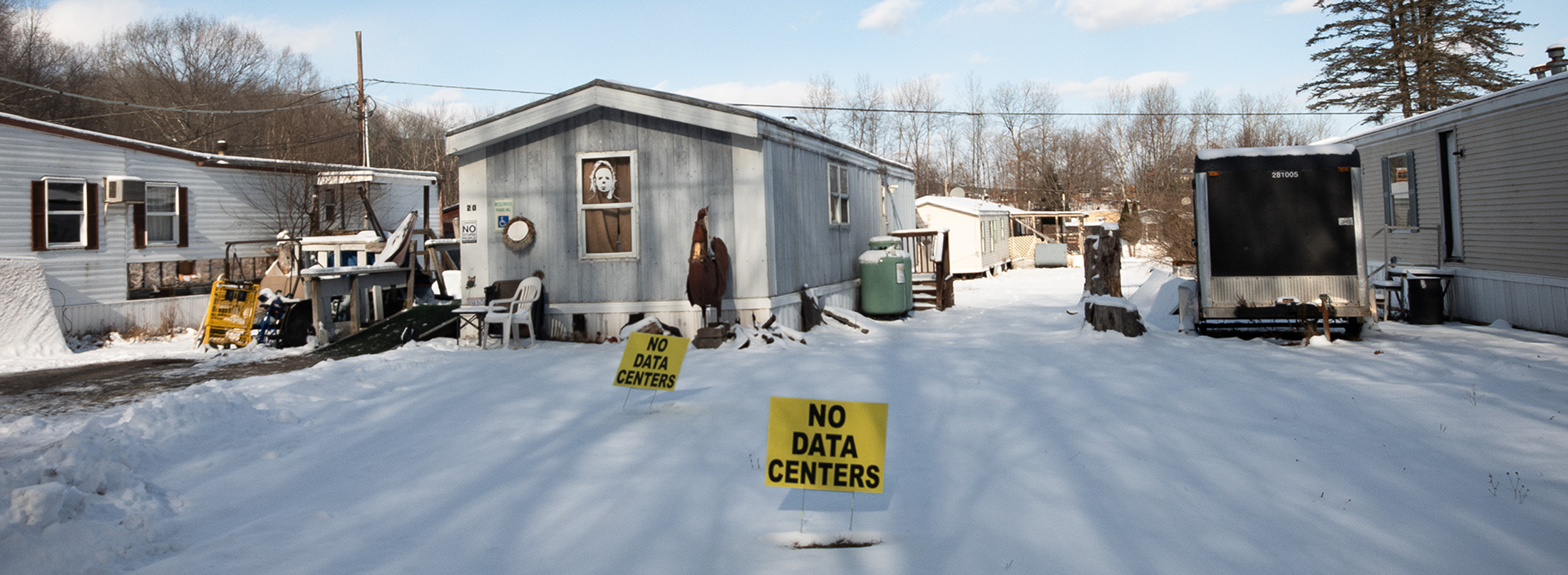 A "no data centers" sign sits in front of a home in Valley View Estates, which is being sold to make room for a nearby data center.