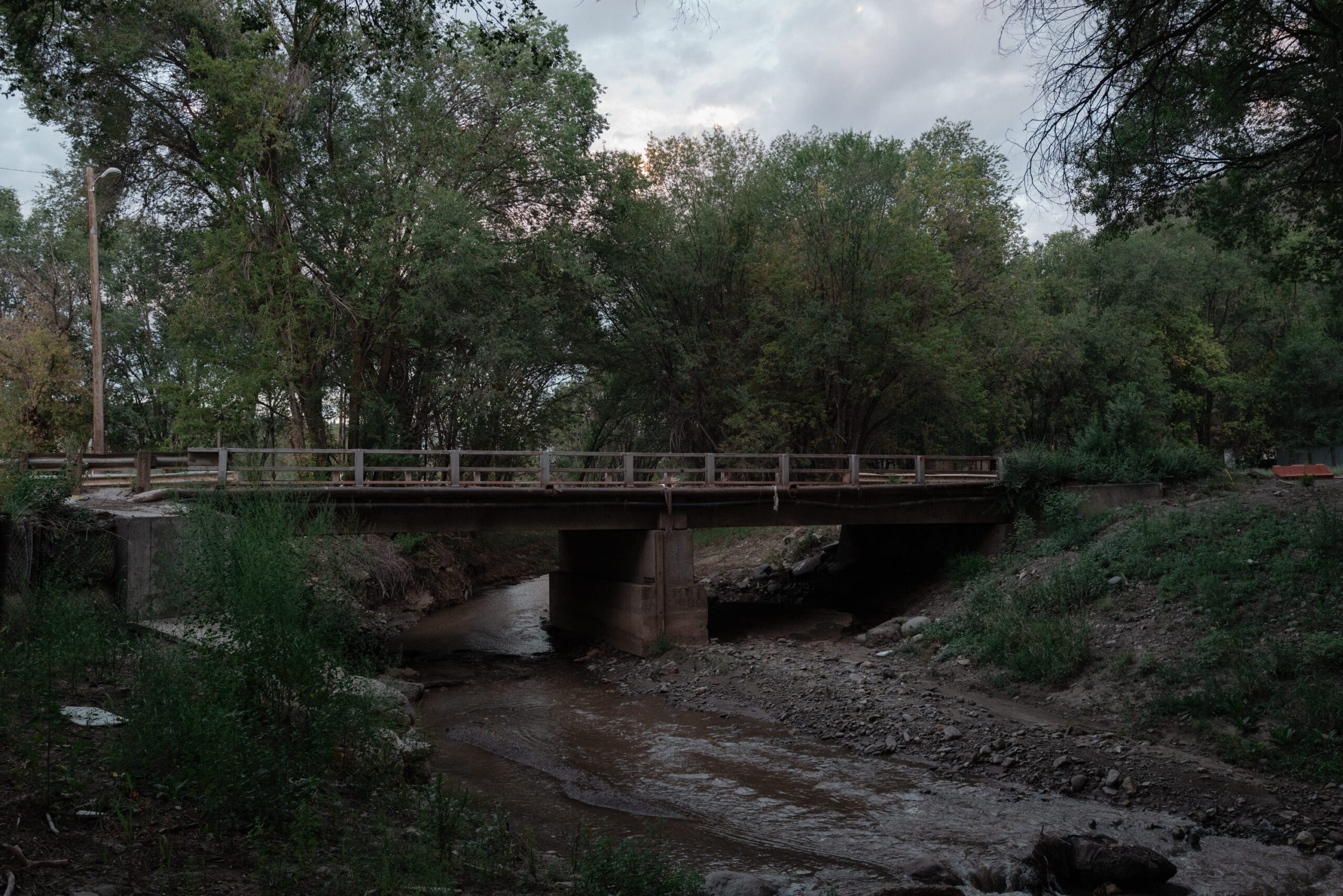 A narrow, concrete beam bridge spans a shallow, muddy stream flanked by dense green trees and dirt banks.