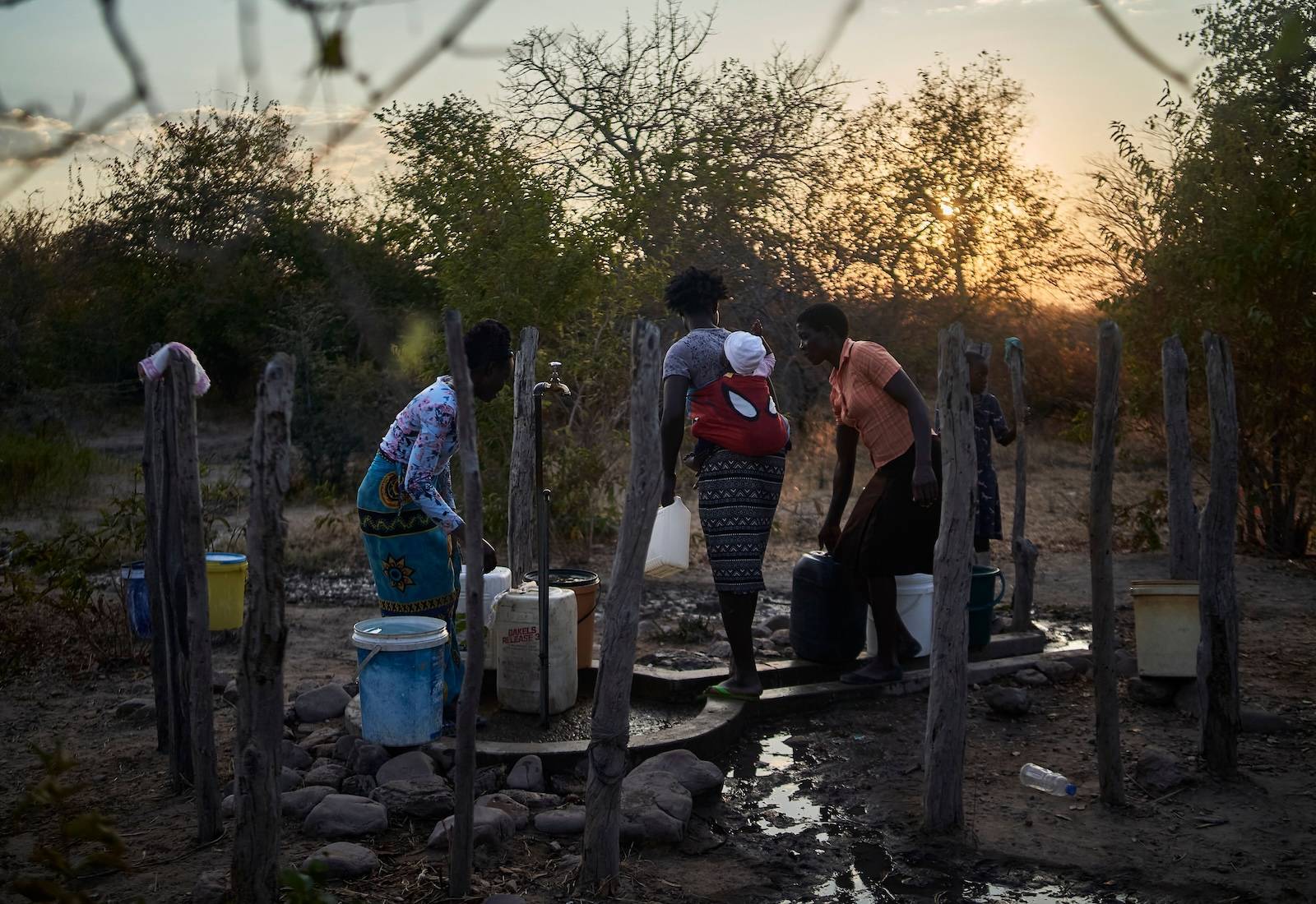 Three women in low light collect water from a communal spigot, with shrubs in background.