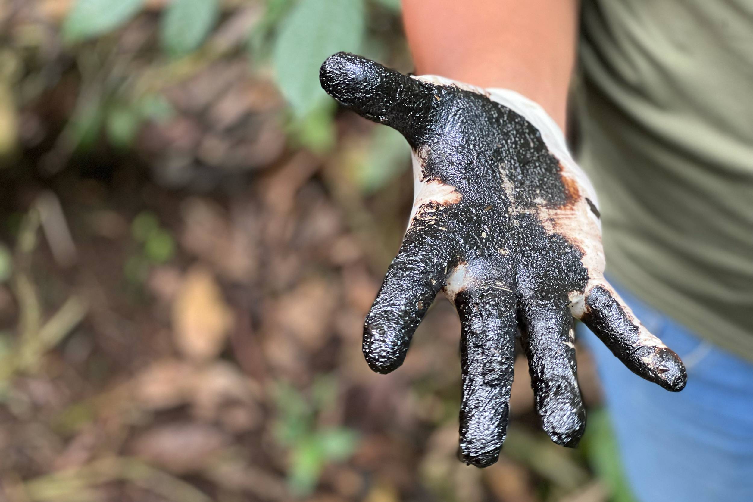 A person's hand covered in black oil