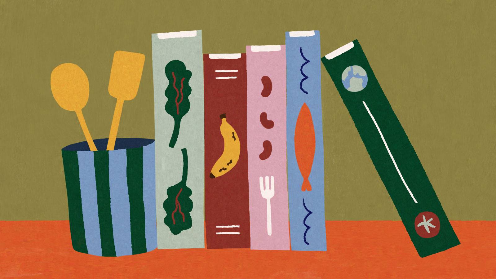 Illustration of cookbooks leaning against a striped utensil holder