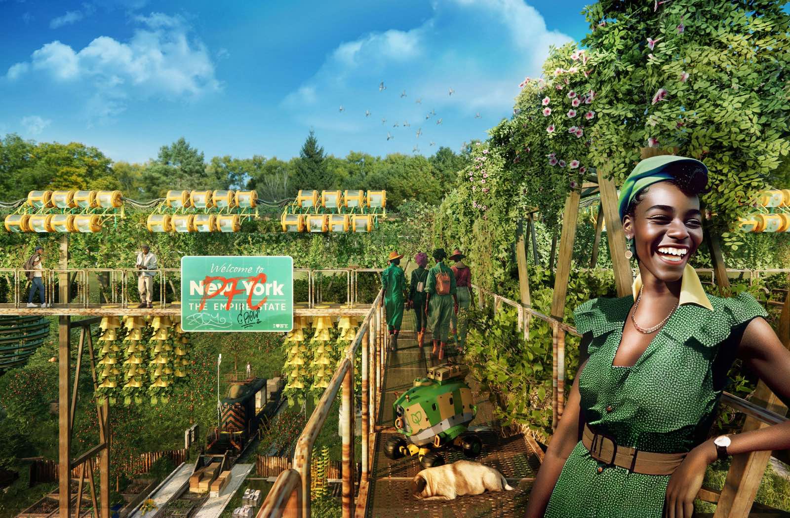 A Black woman in a green dress smiles in the foreground, leaning against the rail of a structure that stands above a lush green garden and forest