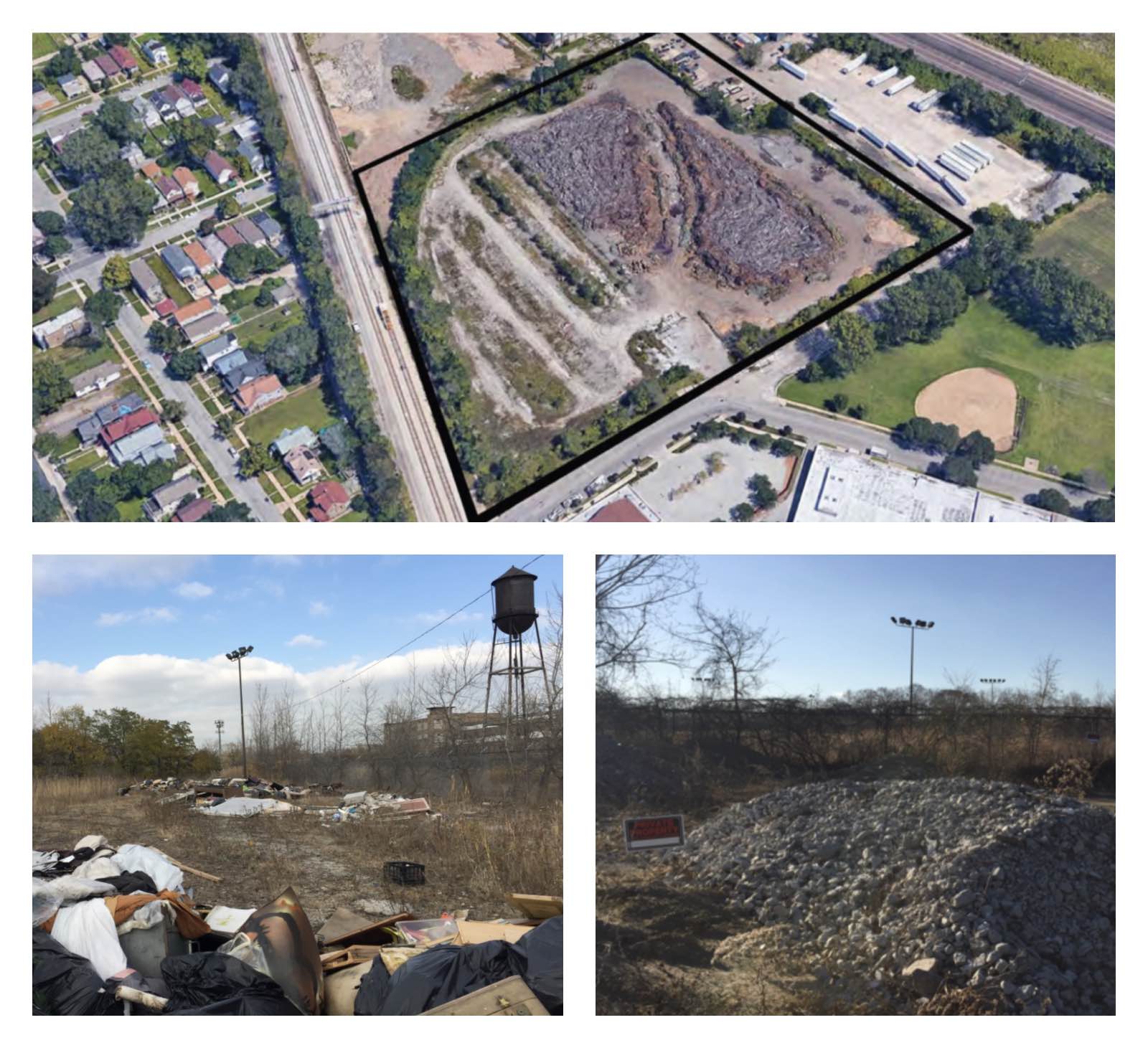 A top photo shows an aerial view of a gray, empty lot, and two side-by-side photos show litter and debris in the same abandoned lot.