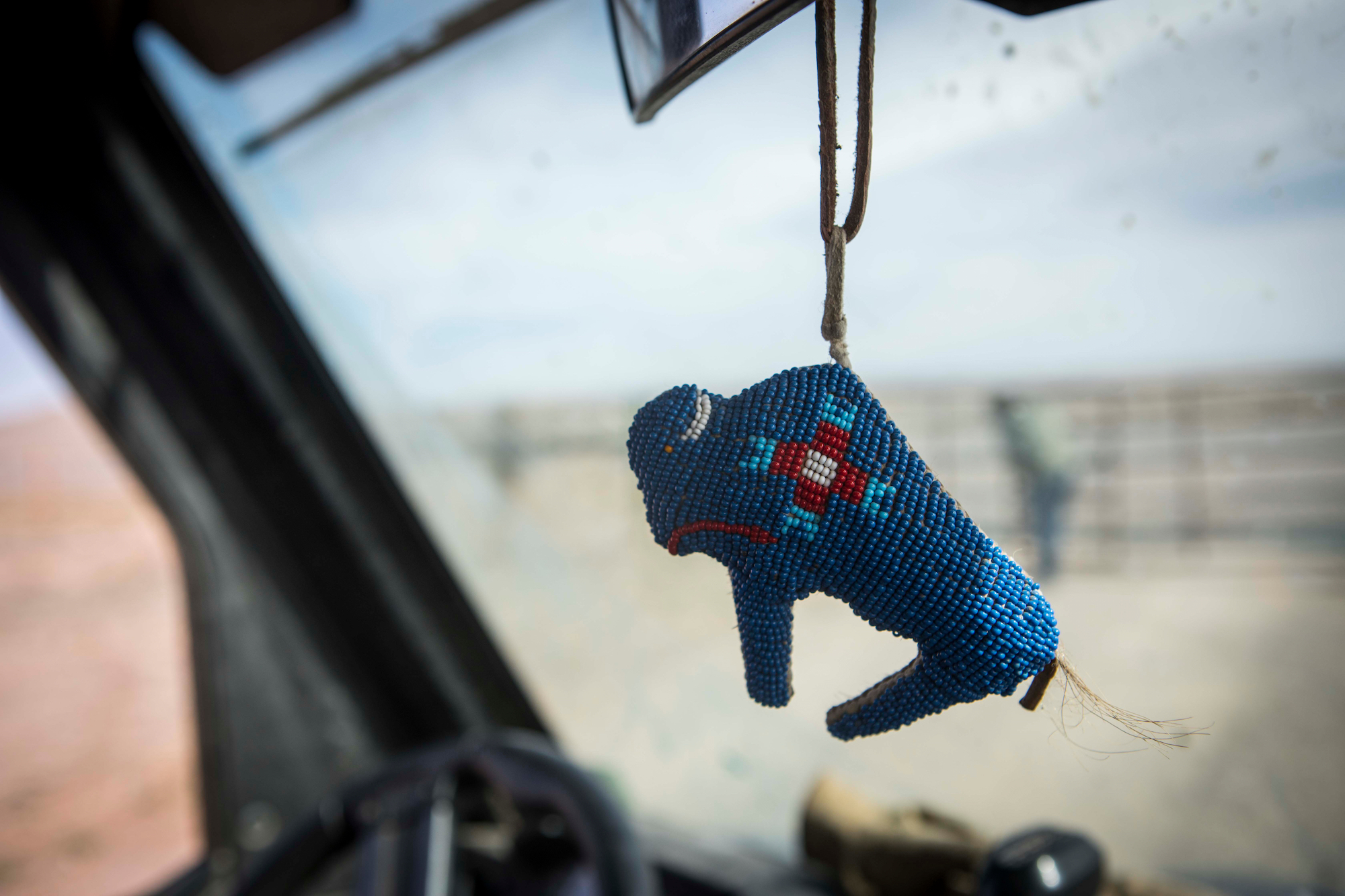 a beaded bison-shaped ornament hanging from a rear-view mirror of a vehicle