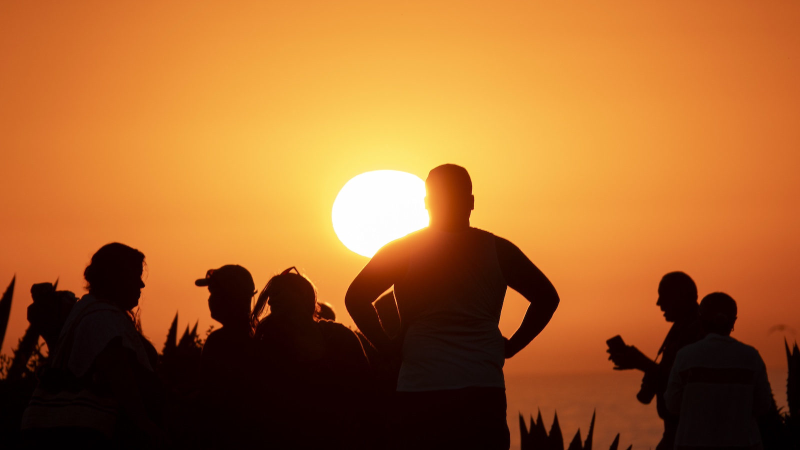 Six people are silhouetted against an orange sunset, with the person in the center standing with their hands on their hips