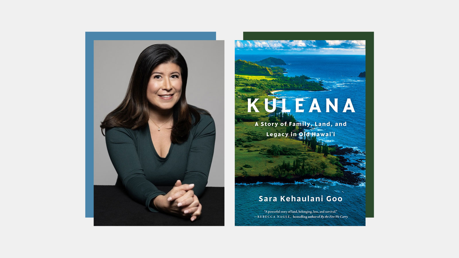 Photo of Sara Kehaulani Goo beside book cover for Kuleana