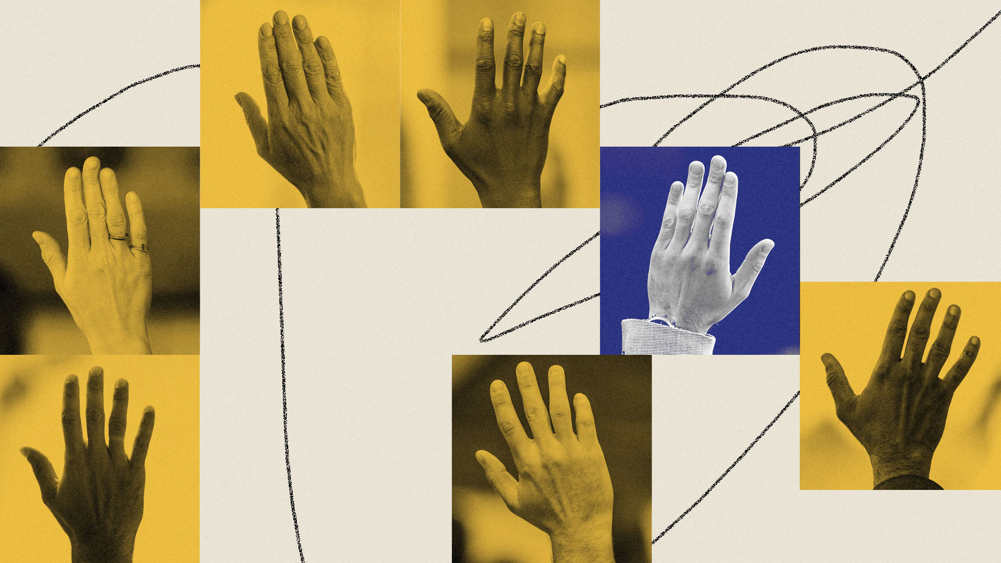 Collage of squares containing photos of raised hands. All the squares are yellow, except for one blue square.