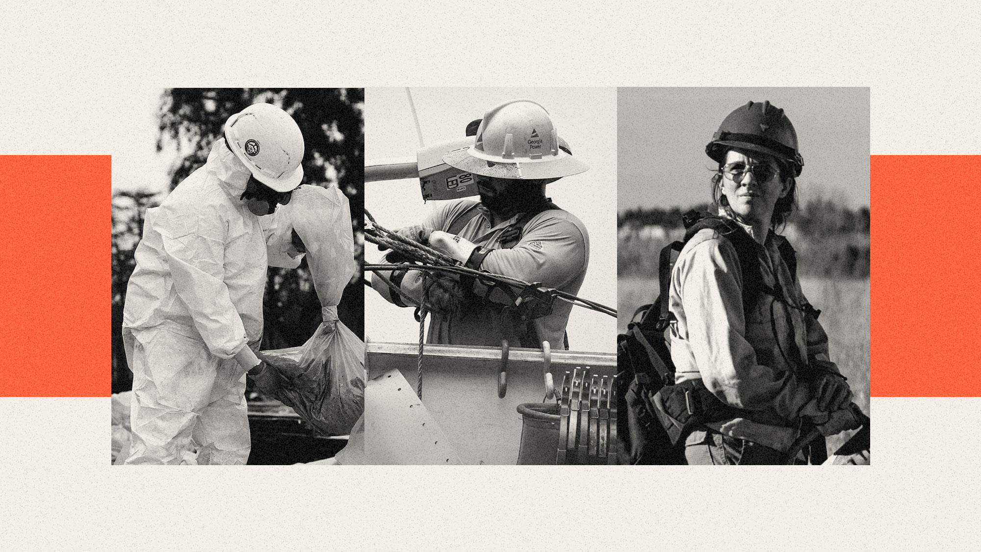 Collage of a worker wearing a hazmat suit cleaning up after wildfire, a worker repairing a power line, and a firefighter standing in a field
