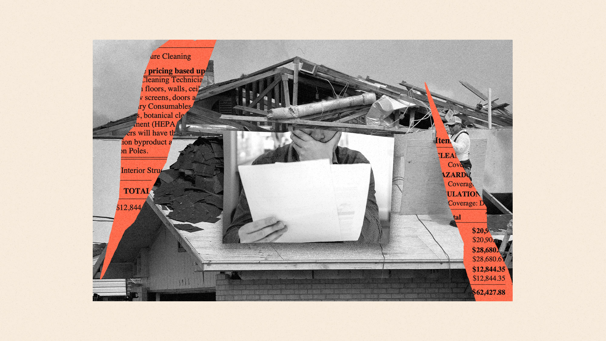 digital collage of photo of damaged house, man looking at bills and covering his mouth, with red jagged cutouts showing invoice details on top