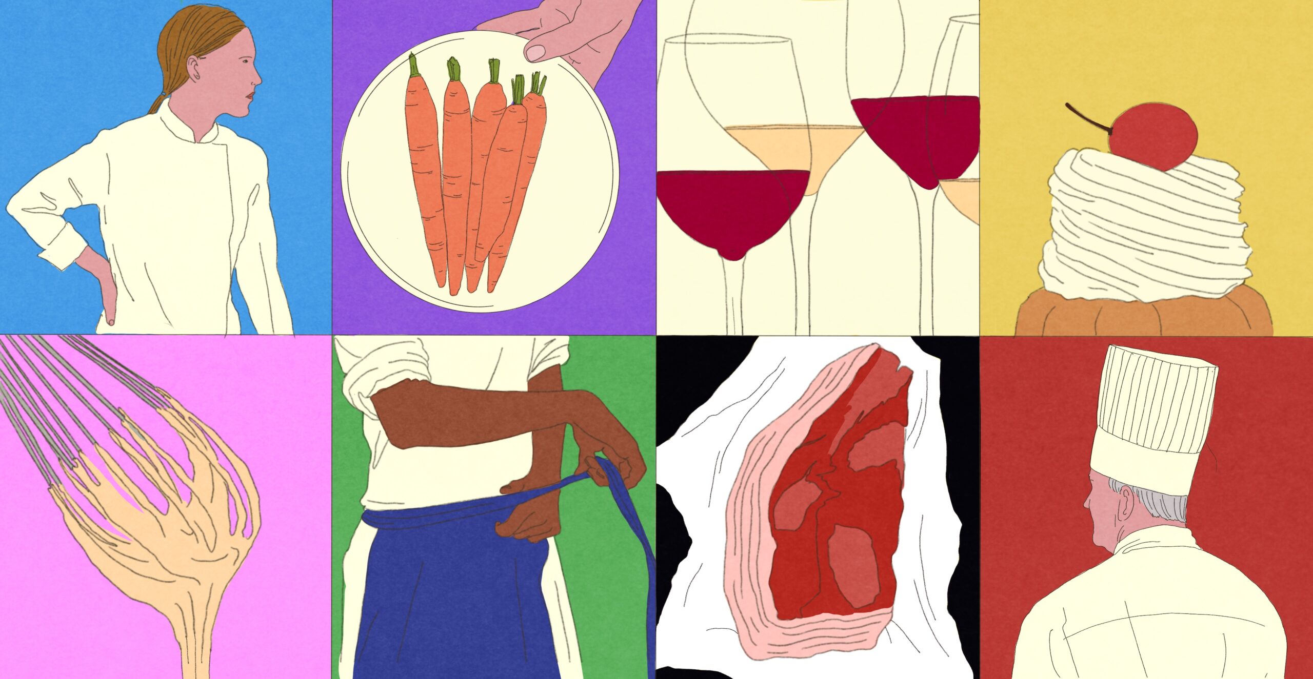 Illustration of chefs, plate of carrots, glasses of wine, pastry, and steak