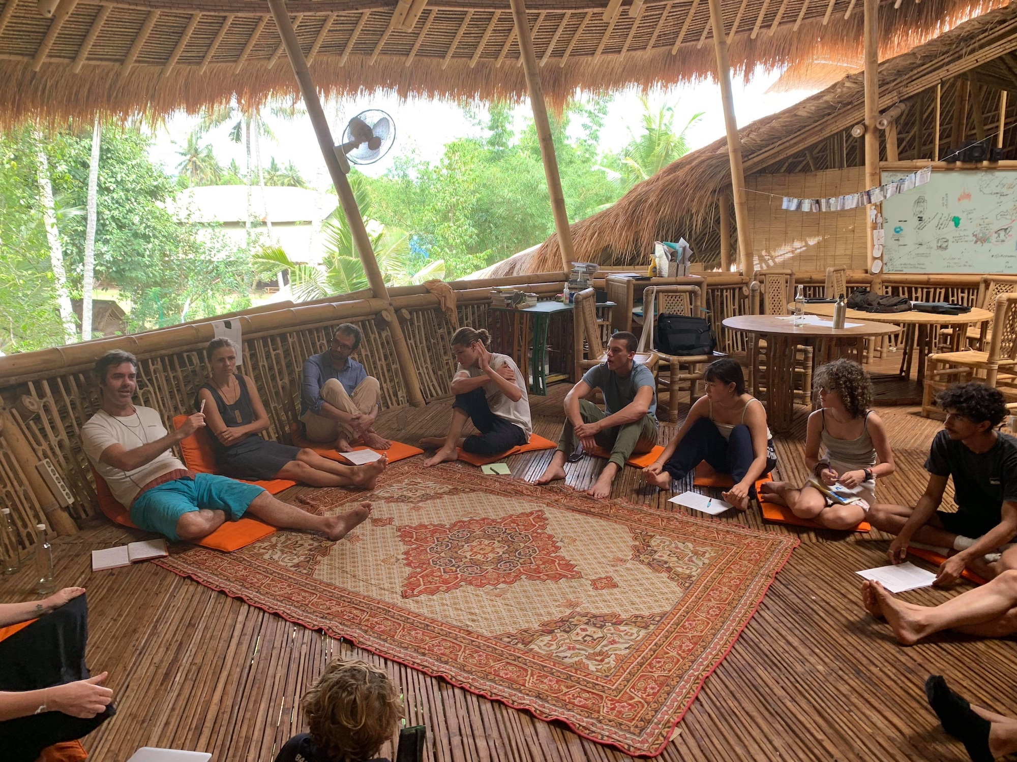 A group of people sitting on woven mats in a tropical setting