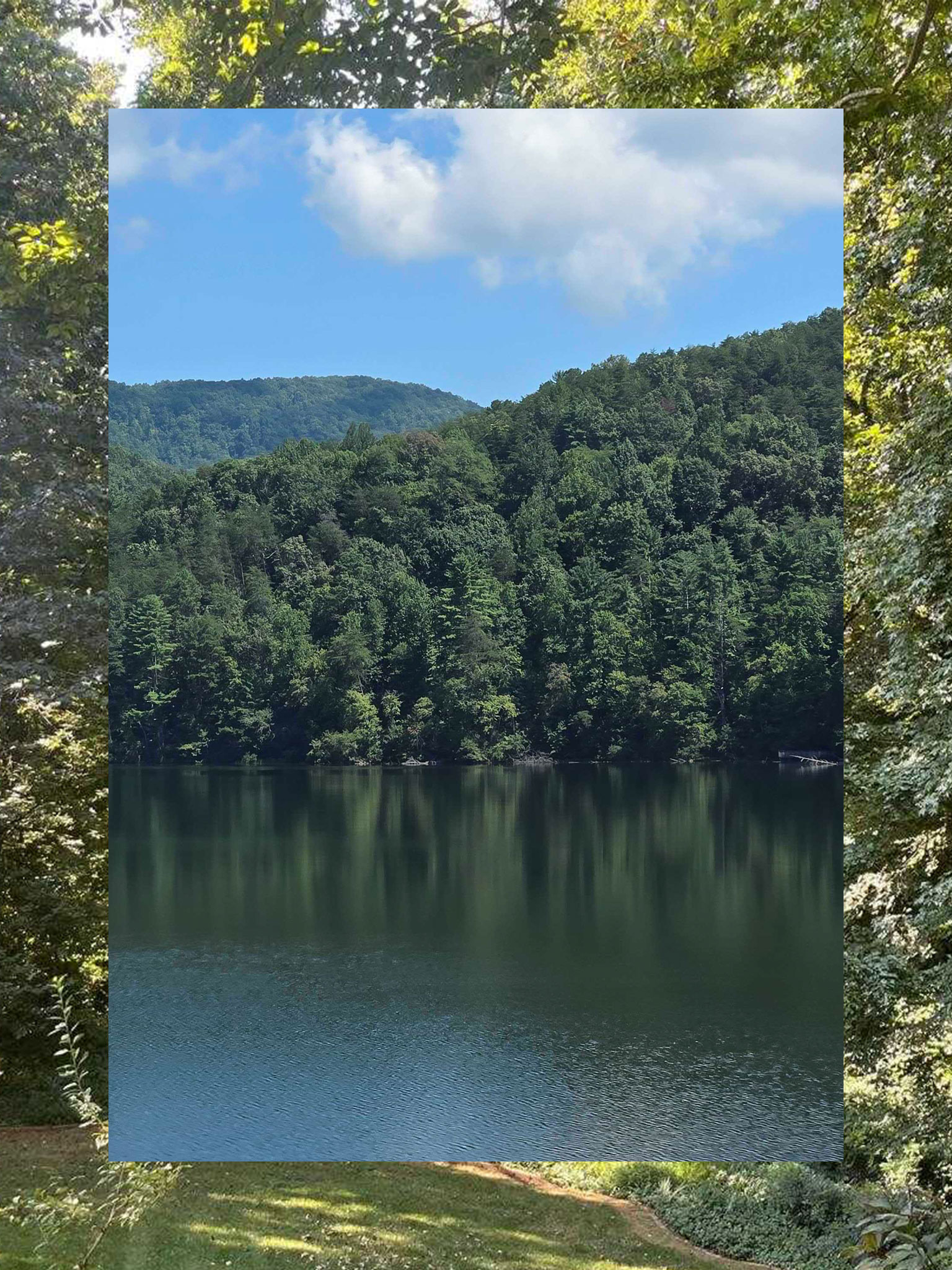 A collage consisting of two vertical photos, the outside functioning a border and the inside fully visible. The outside photo is a lawn with trees. The inner photo is a lake scene with dense trees and blue sky.